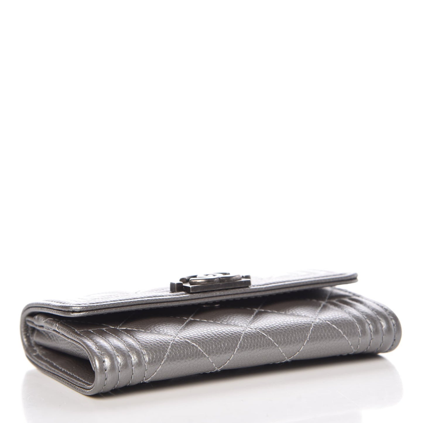 Metallic Caviar Quilted Boy Card Holder Wallet Silver