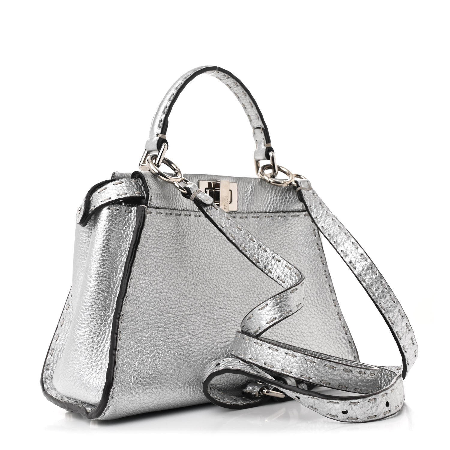 Fendi Cuoio Romano Lux Selleria Mini Peekaboo Iconic Satchel Argento 3 of 12