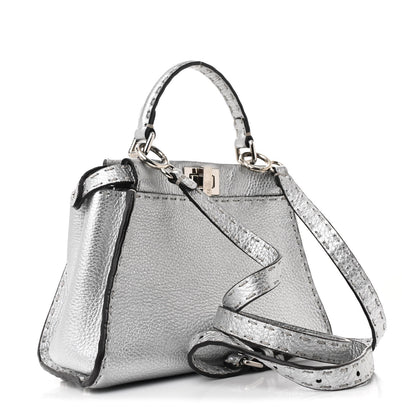 Fendi Cuoio Romano Lux Selleria Mini Peekaboo Iconic Satchel Argento 3 of 12