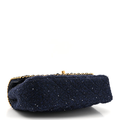 Chanel Tweed Sequin Timeless Classic Chained Double Flap Navy Blue 4 of 11