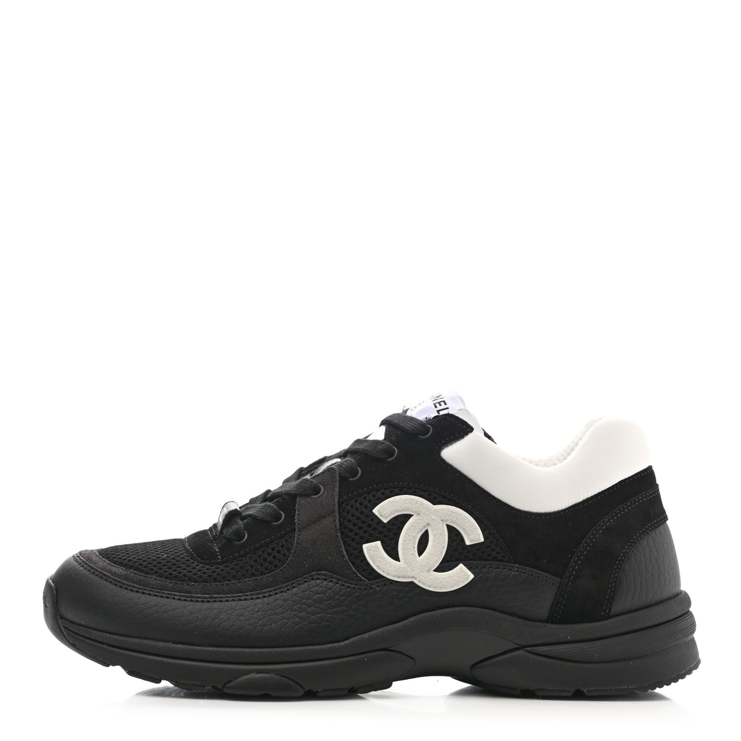 Chanel Mesh Suede Grained Calfskin Womens CC Sneakers 40.5 Black White 1 of 8