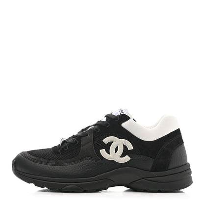 Chanel Mesh Suede Grained Calfskin Womens CC Sneakers 40.5 Black White 1 of 8