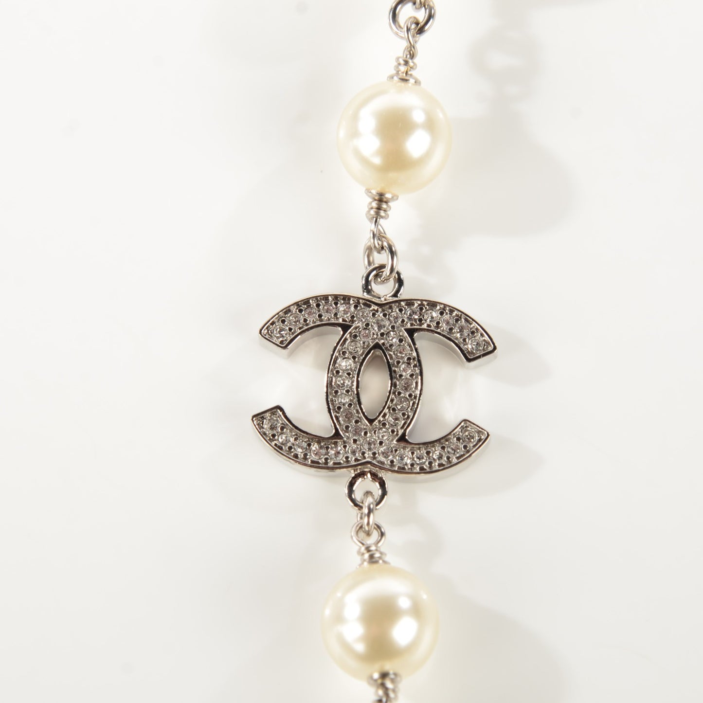 Crystal Pearl CC Long Necklace Silver