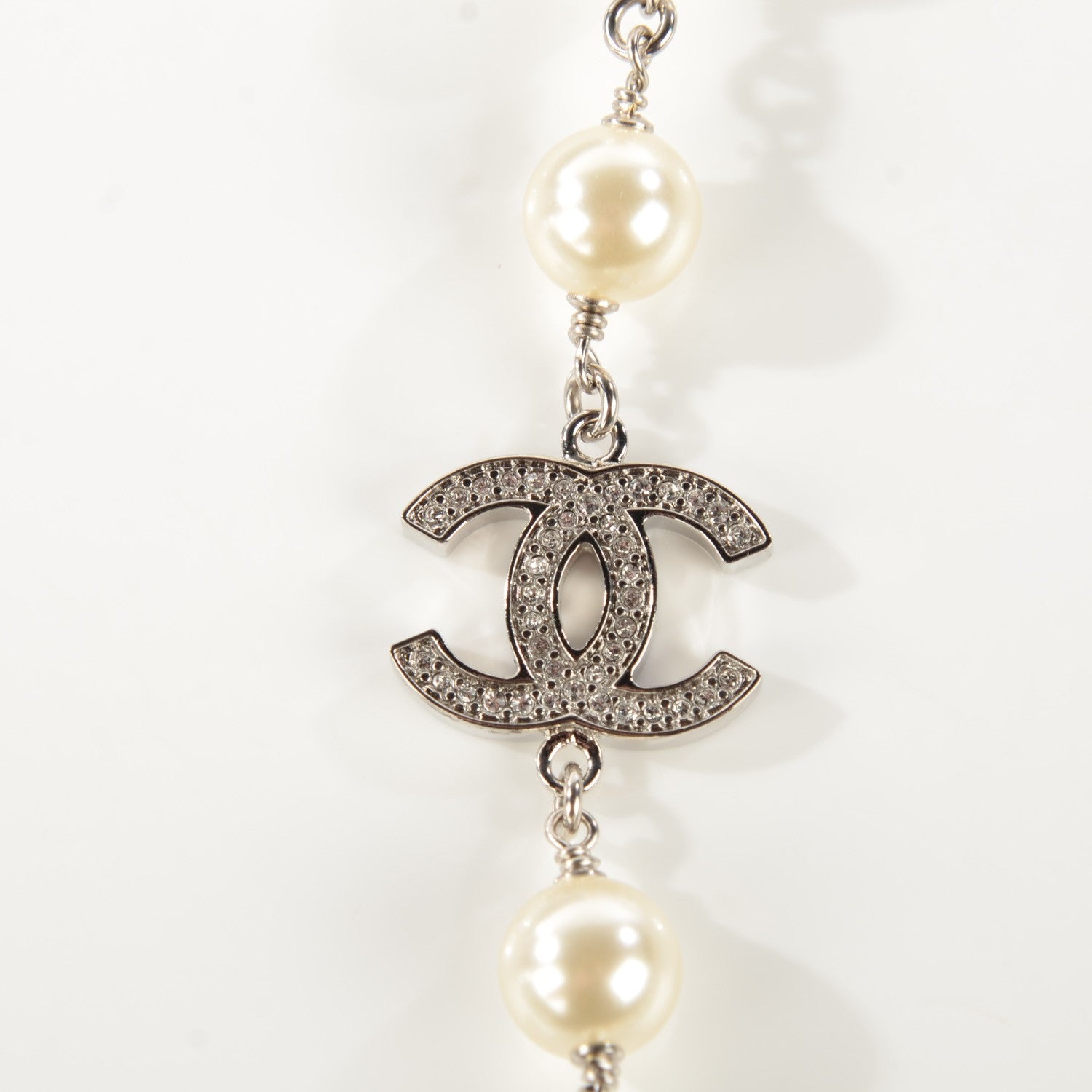 Chanel Crystal Pearl CC Long Necklace Silver 5 of 6
