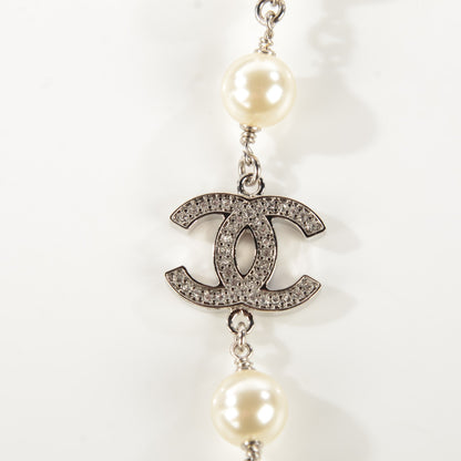 Chanel Crystal Pearl CC Long Necklace Silver 5 of 6