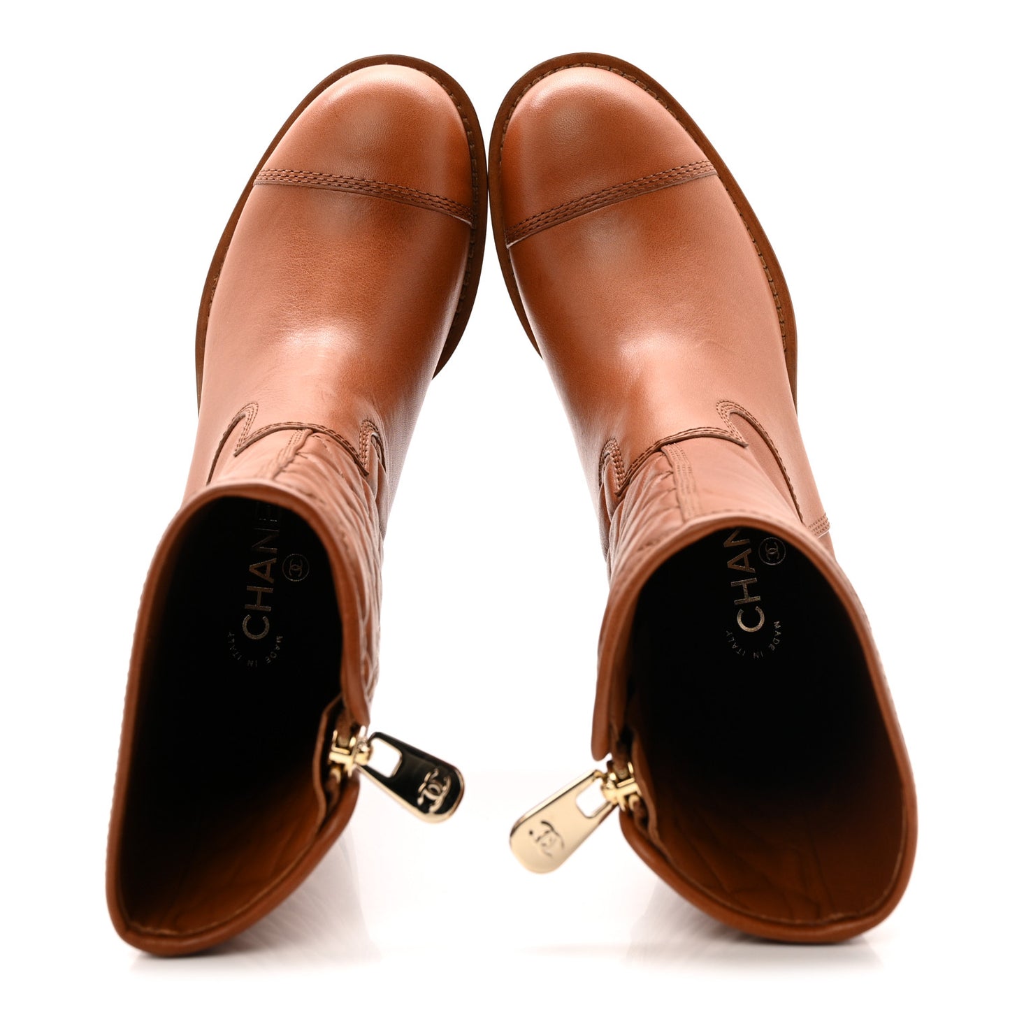 Calfskin CC Logo Mid Calf Boots 37 Caramel