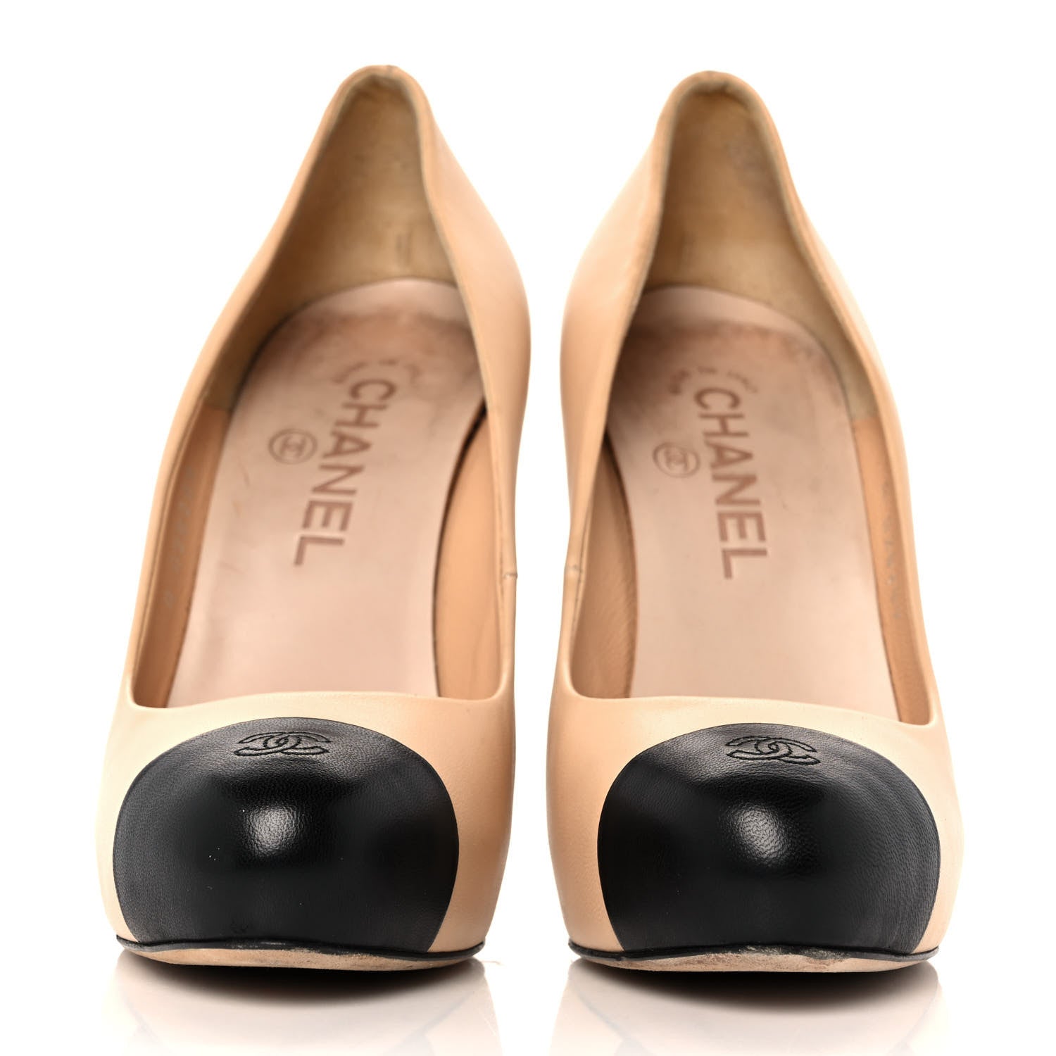 Chanel Lambskin CC Cap Toe Pumps 37.5 Beige Black 2 of 9
