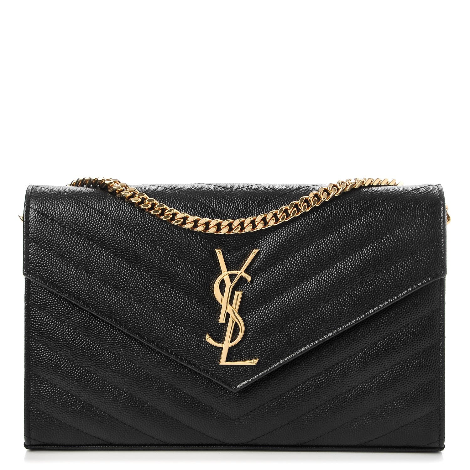 Saint Laurent Grain De Poudre Matelasse Chevron Monogram Chain Wallet Black 1 of 7