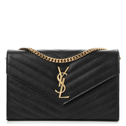 Saint Laurent Grain De Poudre Matelasse Chevron Monogram Chain Wallet Black 1 of 7