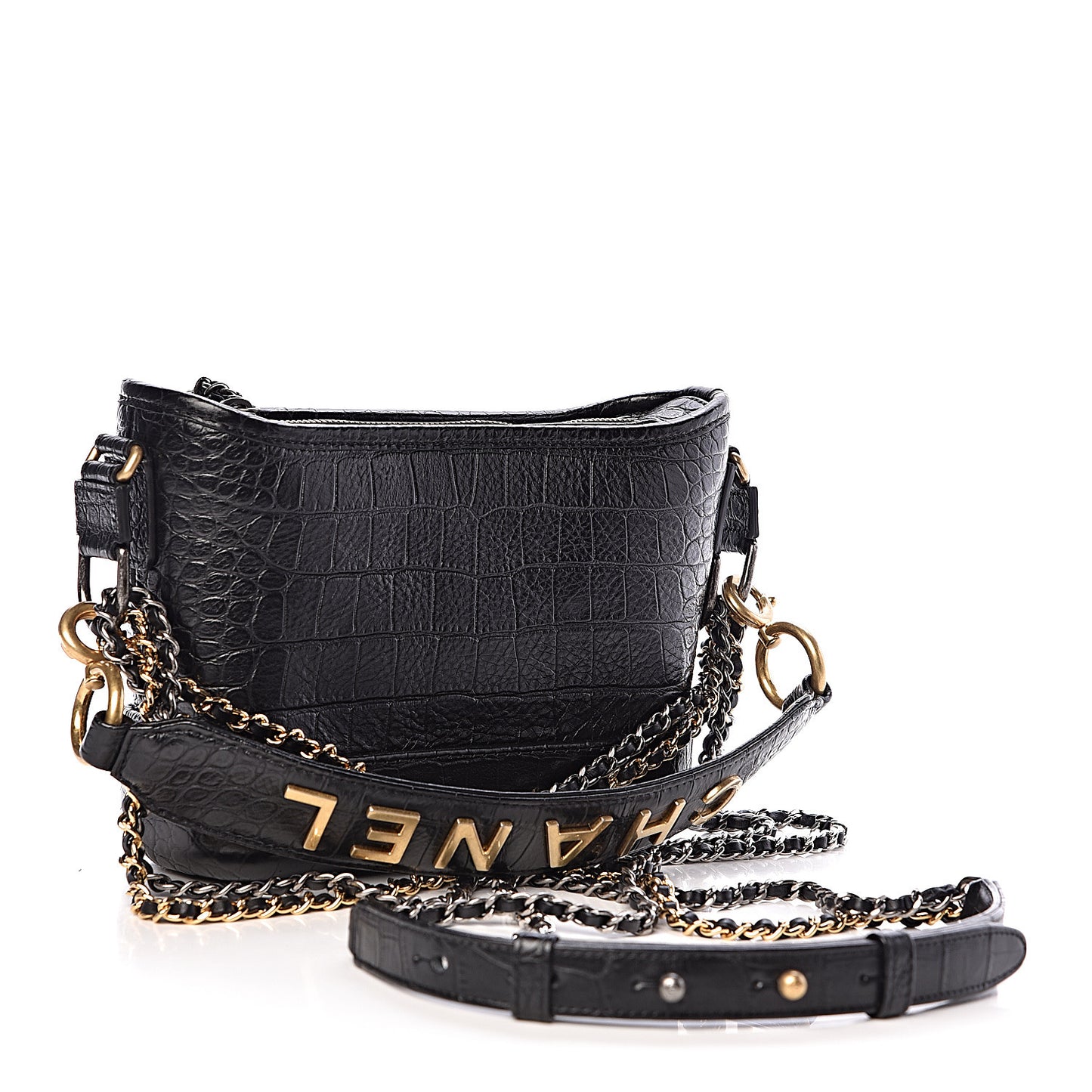 Calfskin Crocodile Embossed Small Gabrielle Cocodile Hobo Black