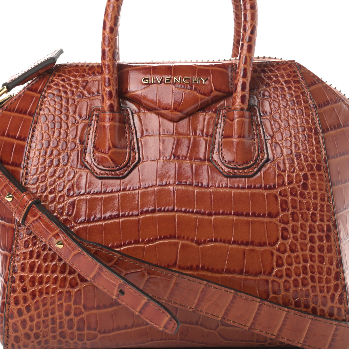 Calfskin Crocodile Embossed Mini Antigona Cognac