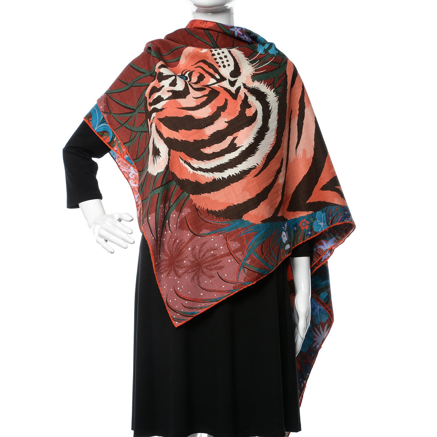 Hermes Cashmere Silk Tyger Tyger Shawl 140 Bordeaux Bleu Corail 2 of 5