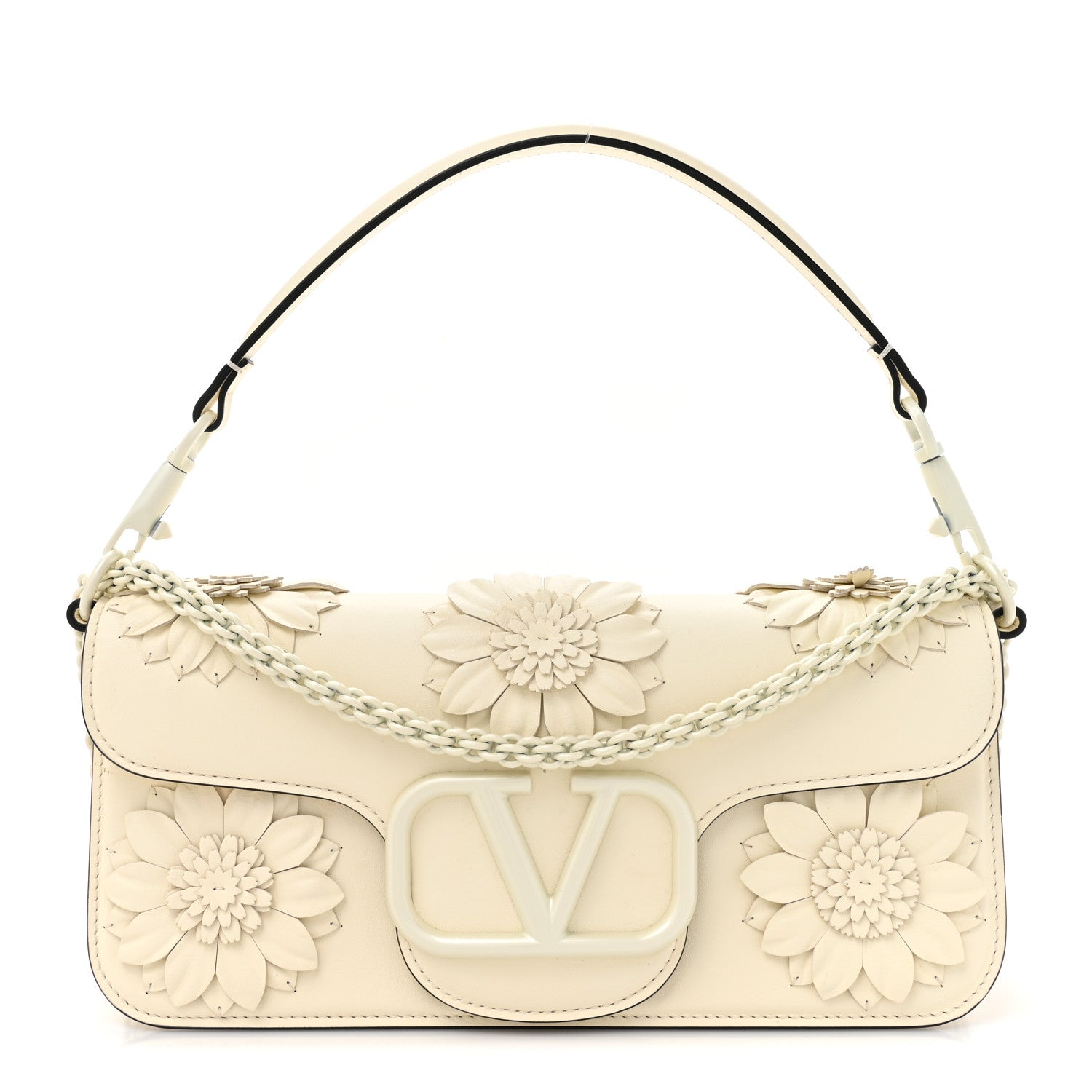 Valentino Garavani Calfskin Floral Embellished Monochrome Vlogo Loco Shoulder Bag White 1 of 12