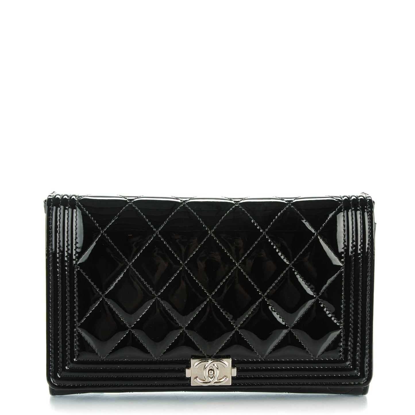 Patent Calfskin Quilted Boy Wallet on Removable Chain Black