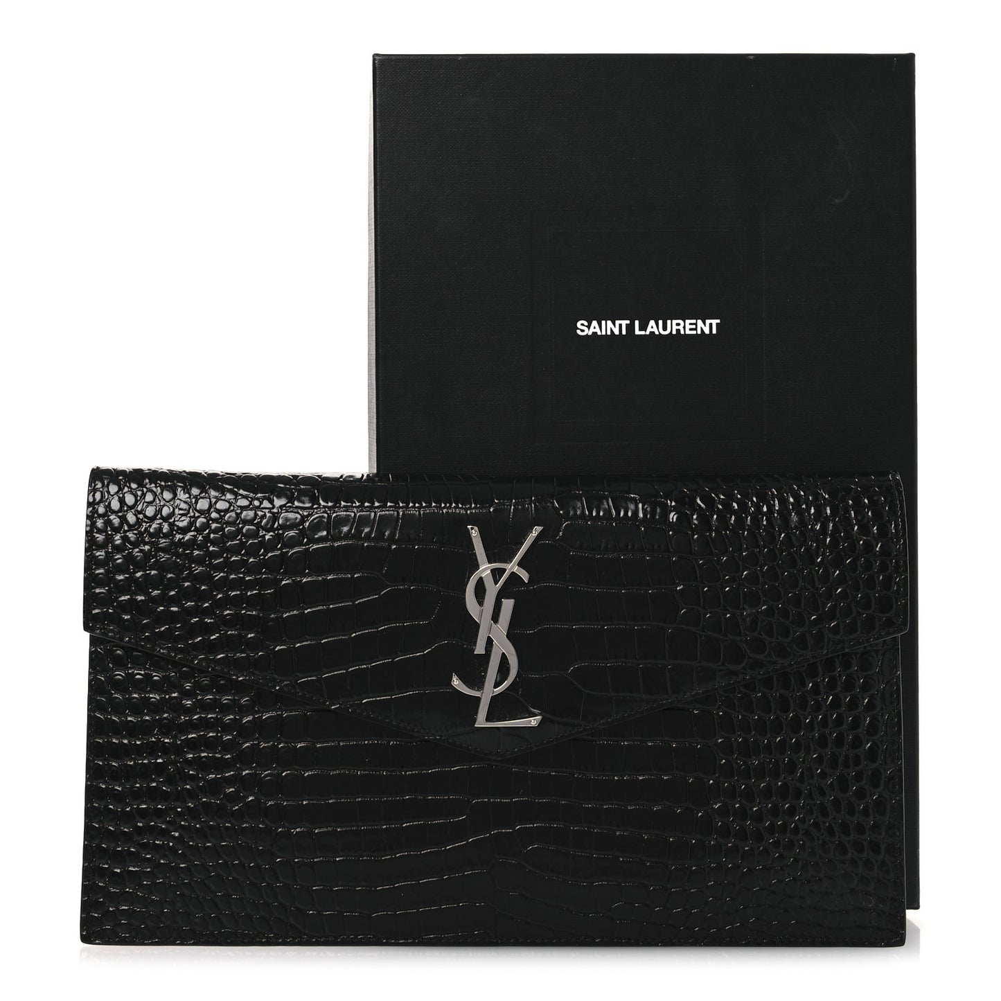 Calfskin Crocodile Embossed Uptown Monogram Clutch Black