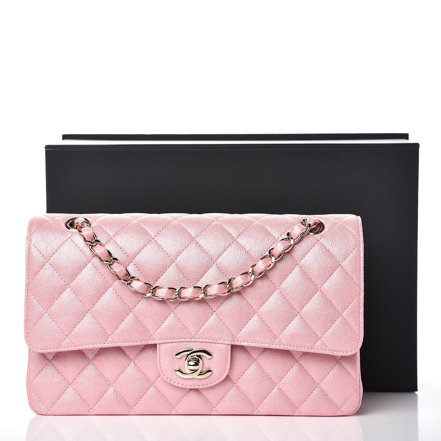 Iridescent Caviar Quilted Medium Double Flap Rose Pink