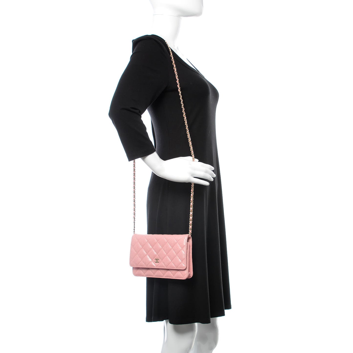 Iridescent Caviar Quilted Wallet on Chain WOC Rose Pink
