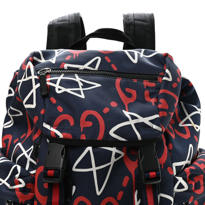 Gucci Techno Canvas GucciGhost Double Buckle Backpack Blue Agata Hibiscus Red 7 of 9