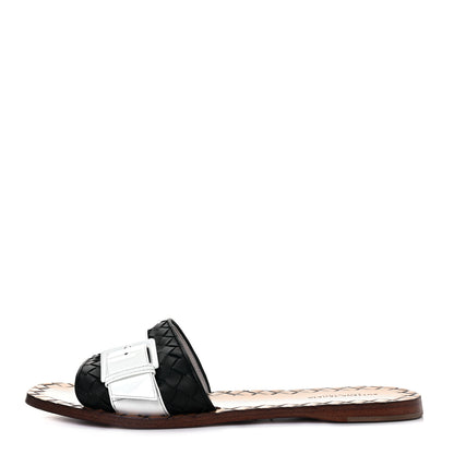 Bottega Veneta Nappa Intrecciato Patent Ravello Buckle Flat Sandals 38.5 Black White 1 of 7