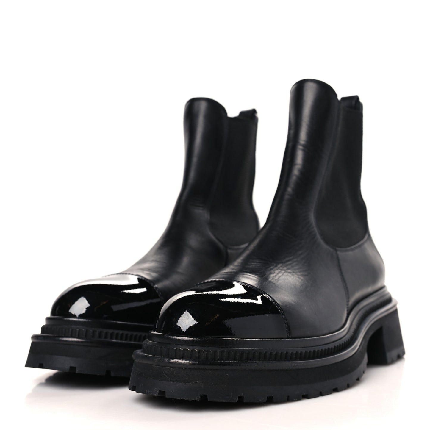 Crumpled Calfskin Patent Cap Toe Short Boots 39.5 Black
