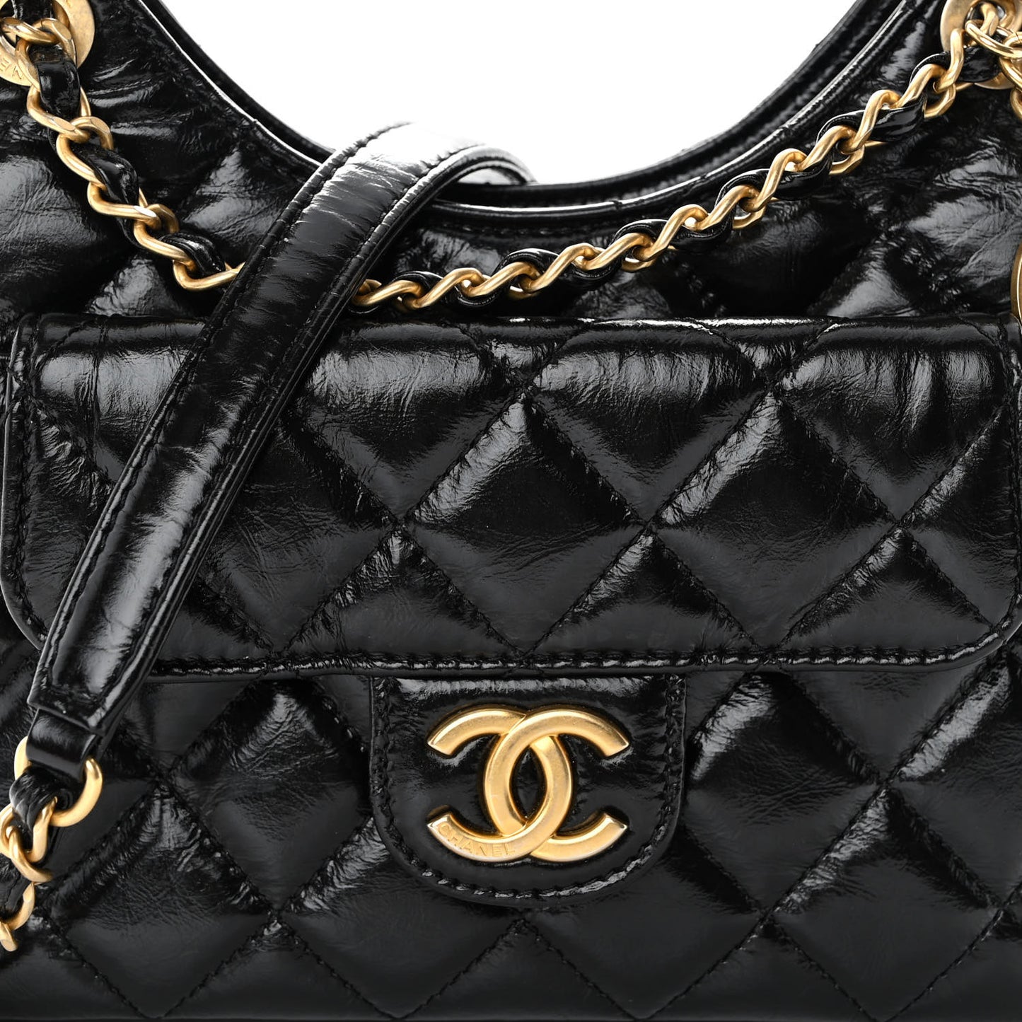Shiny Crumpled Calfskin Quilted Small Wavy CC Hobo Black