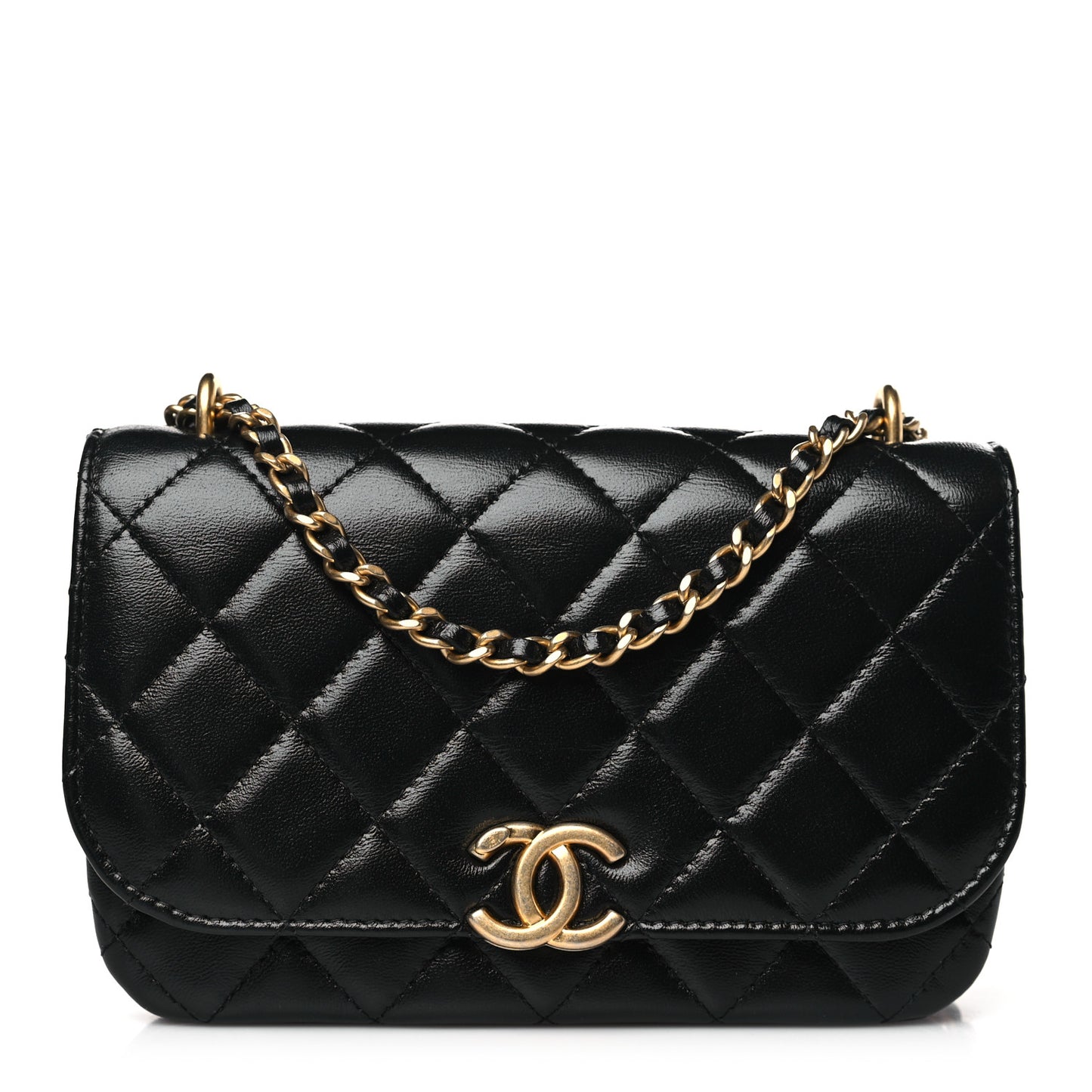 Shiny Lambskin Quilted Flap Phone Holder With Chain Black