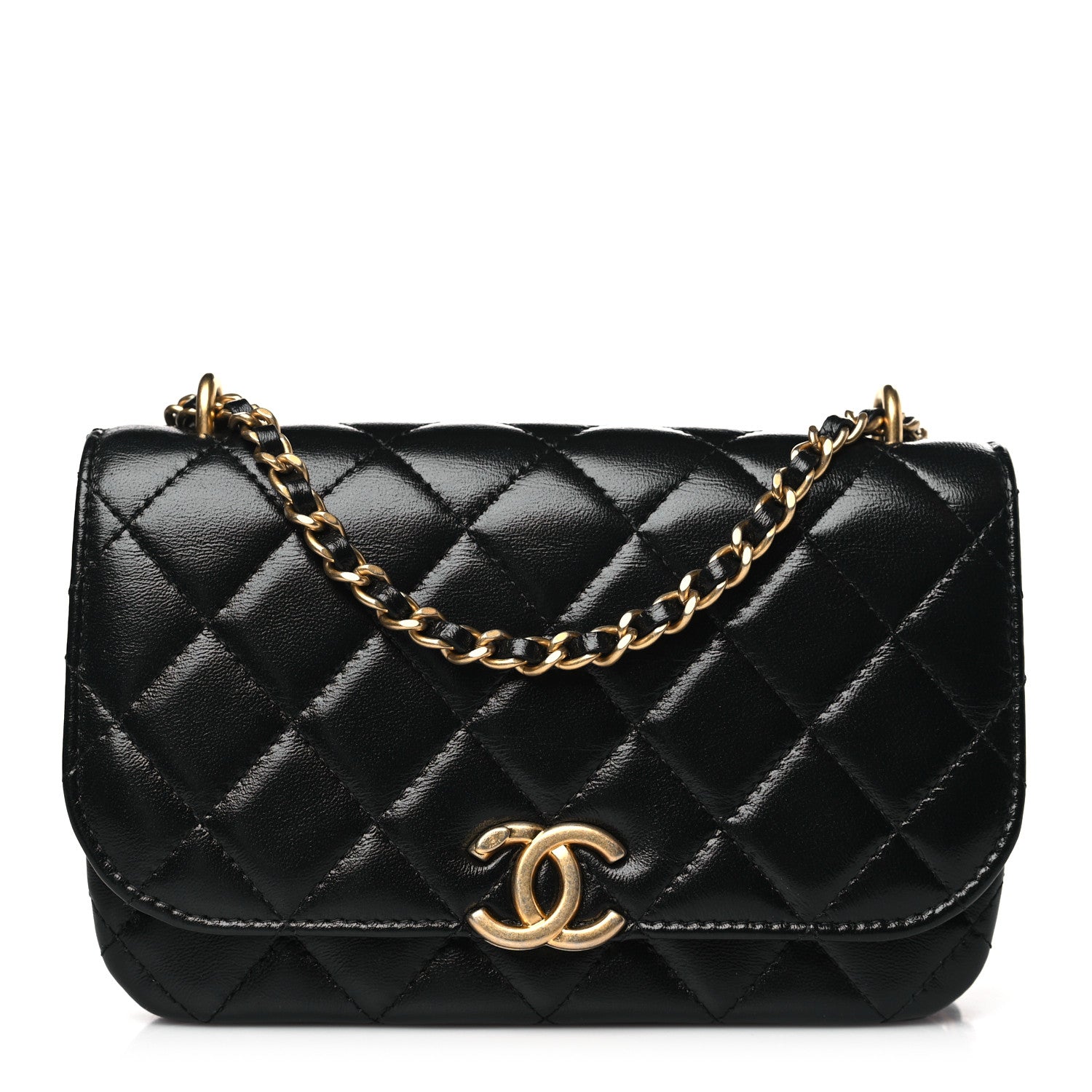 Chanel Shiny Lambskin Quilted Flap Phone Holder With Chain Black 1 of 11