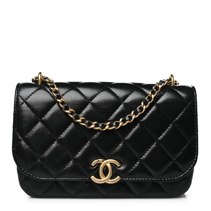 Chanel Shiny Lambskin Quilted Flap Phone Holder With Chain Black 1 of 11