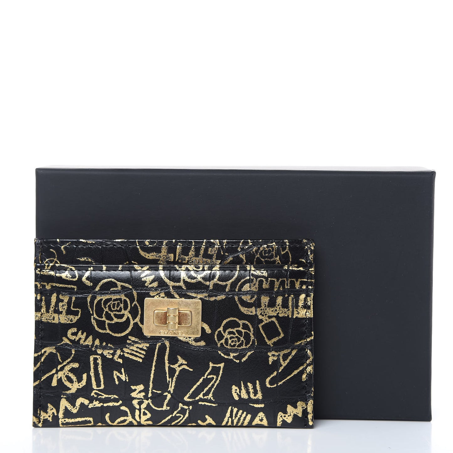 Calfskin Crocodile Embossed Graffiti 2.55 Cocodile Reissue Card Holder Black Gold