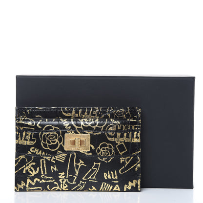 Chanel Calfskin Crocodile Embossed Graffiti 2.55 Cocodile Reissue Card Holder Black Gold 9 of 9