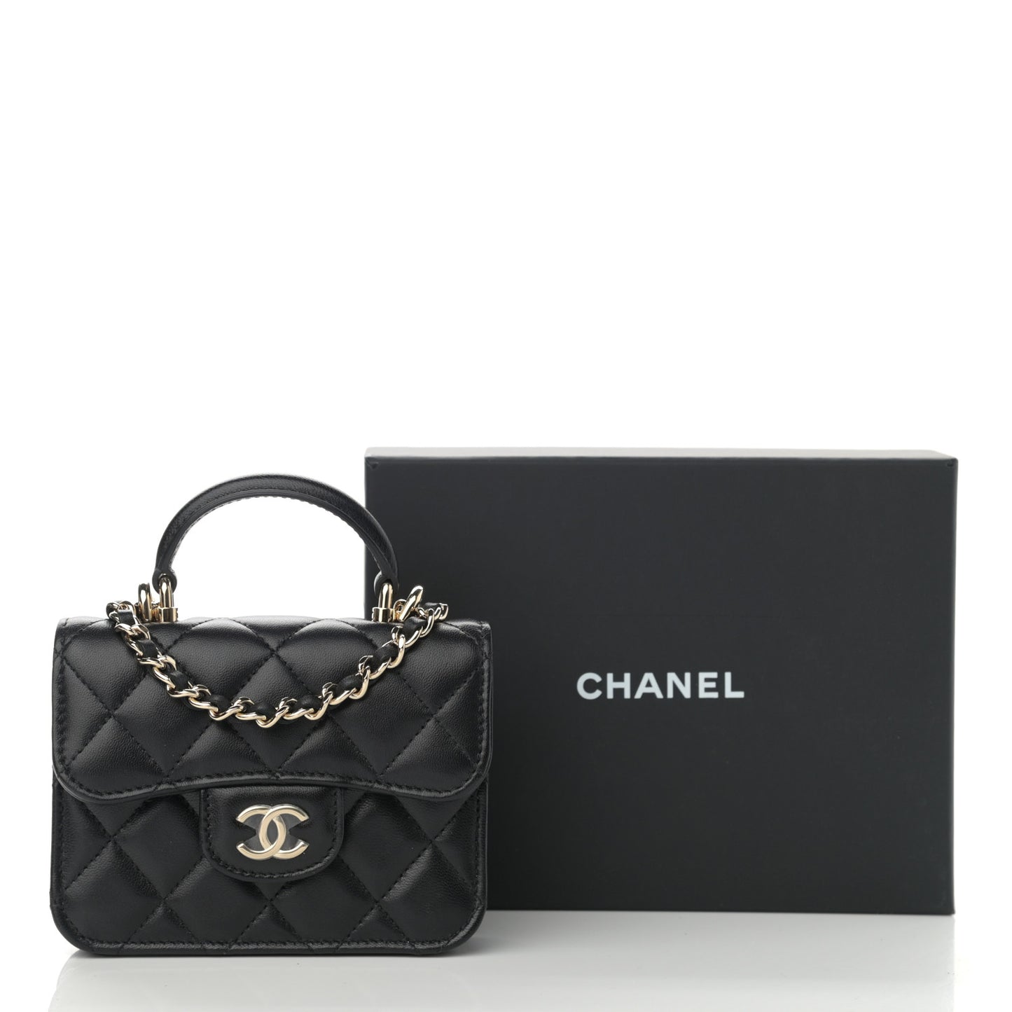 Lambskin Quilted Top Handle Flap Coin Purse With Chain Black