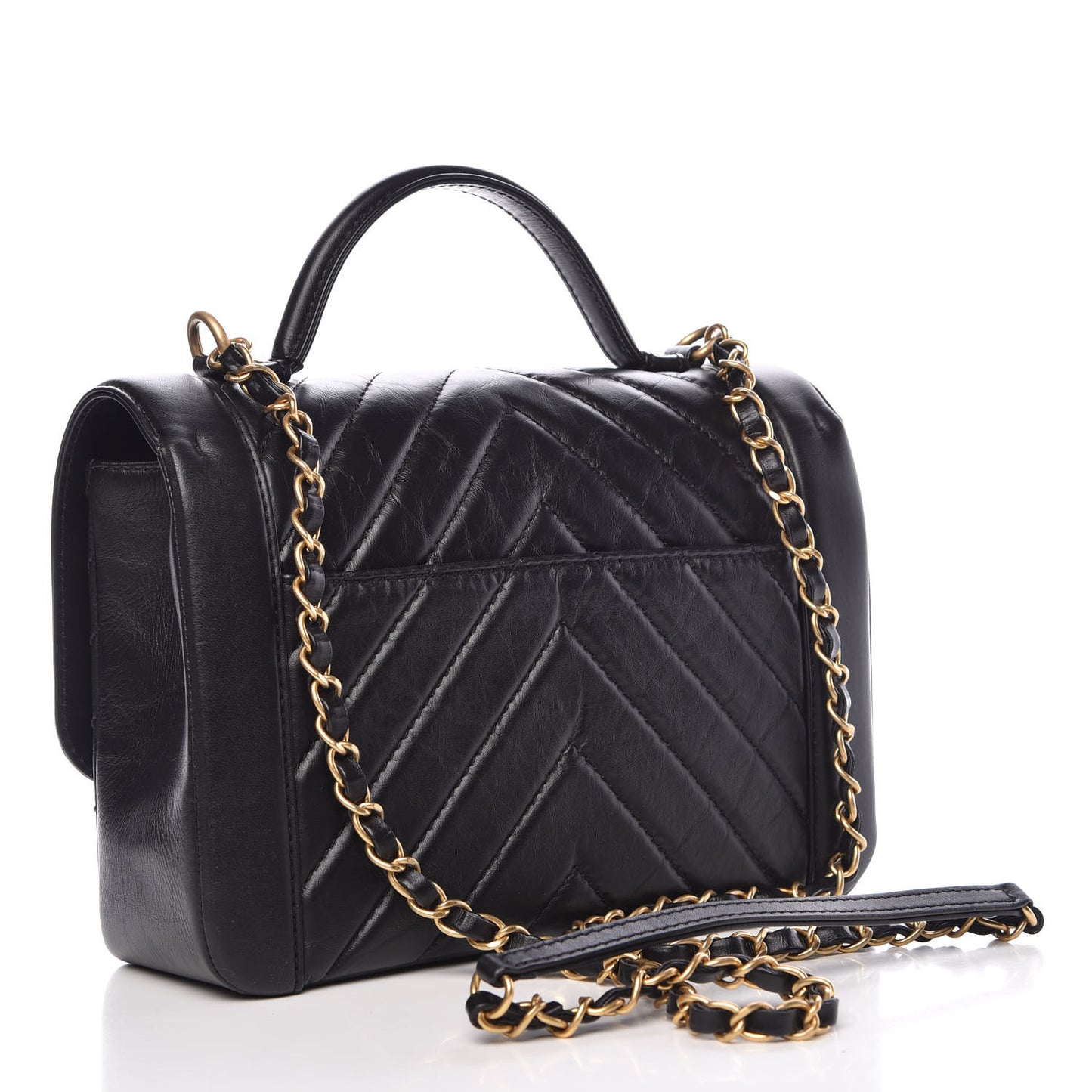 Calfskin Chevron Quilted Top Handle Flap Black