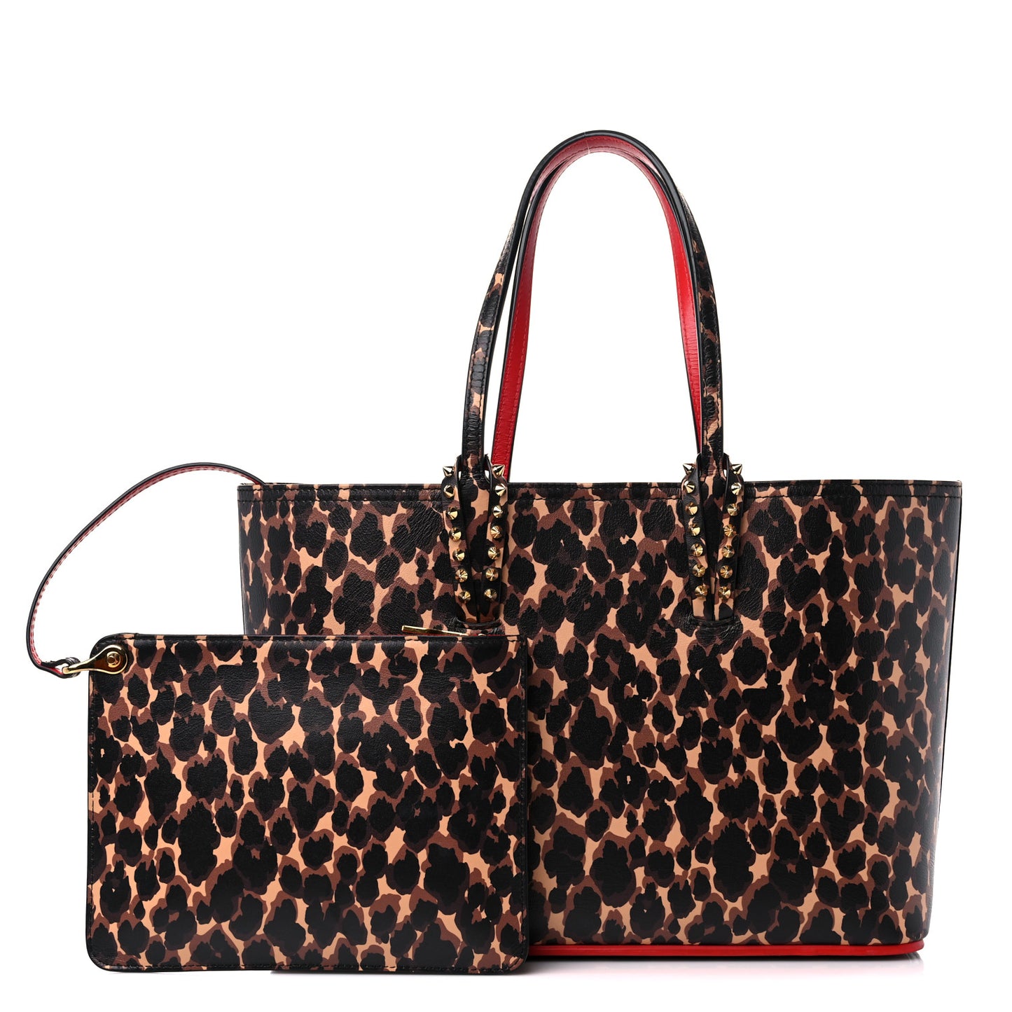 Calfskin Leopard Print Spikes Small East West Cabata Tote Brown