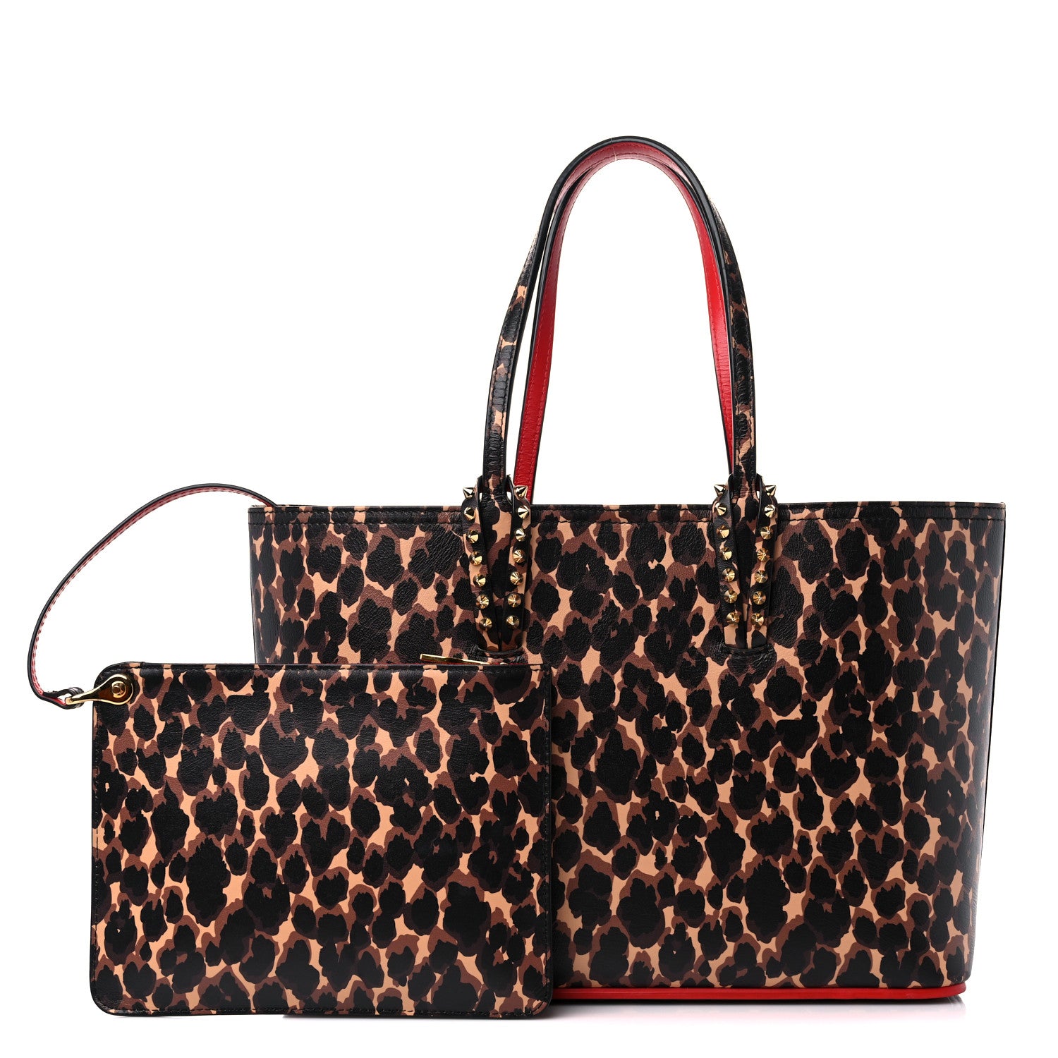 Christian Louboutin Calfskin Leopard Print Spikes Small East West Cabata Tote Brown 1 of 17