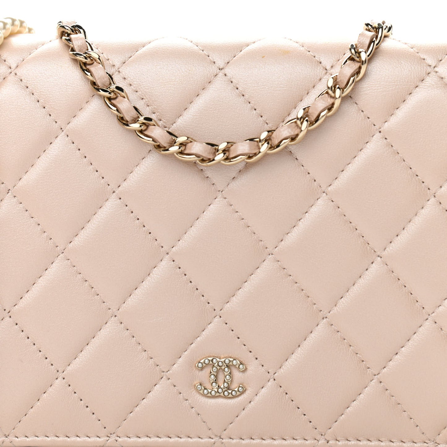 Iridescent Lambskin Quilted Pearl Wallet On Chain WOC Light Beige