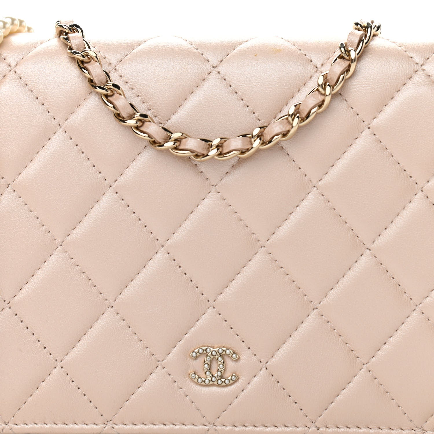 Chanel Iridescent Lambskin Quilted Pearl Wallet On Chain WOC Light Beige 8 of 12