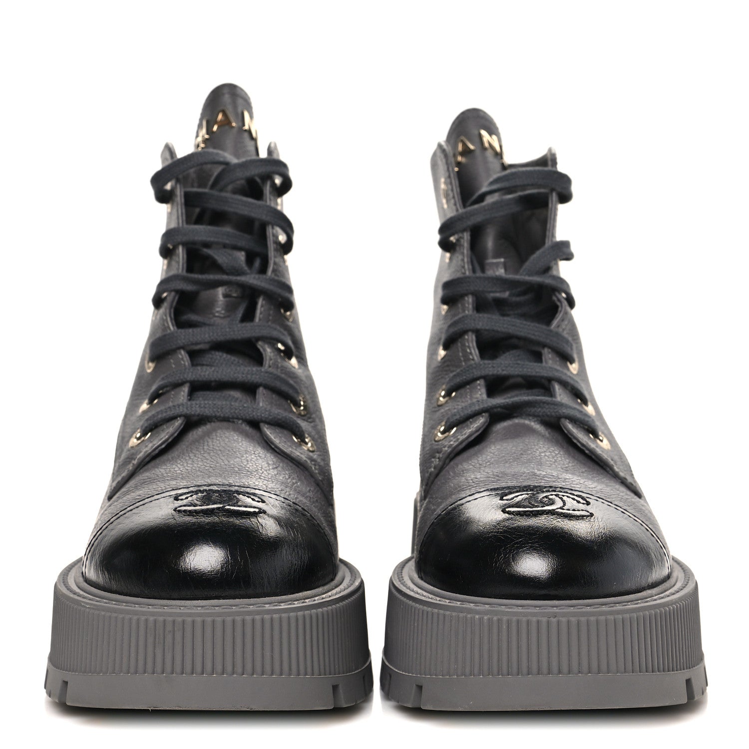 Chanel Grained Calfskin Shiny Calfskin CC Lace Up Combat Boots