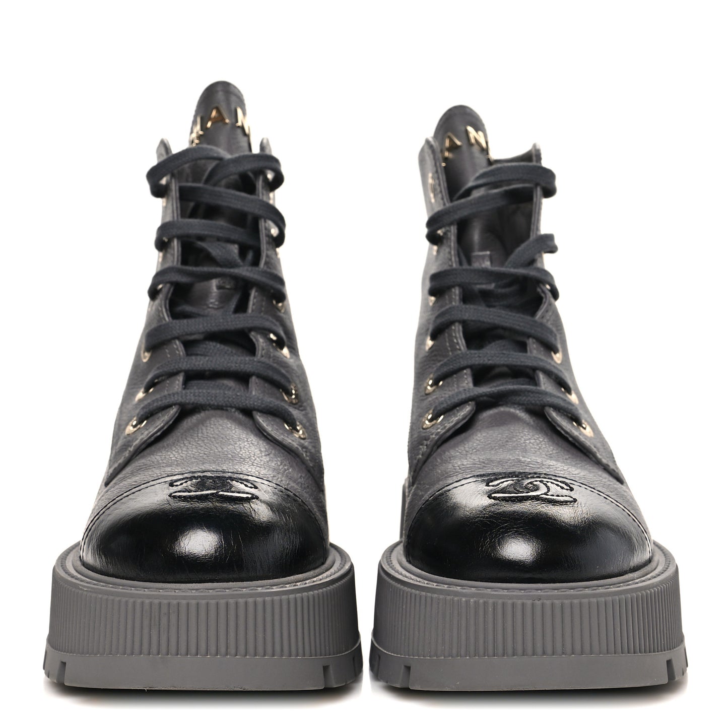 Grained Calfskin Shiny Calfskin CC Lace Up Combat Boots 39.5 Grey