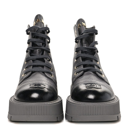 Chanel Grained Calfskin Shiny Calfskin CC Lace Up Combat Boots 39.5 Grey 3 of 10