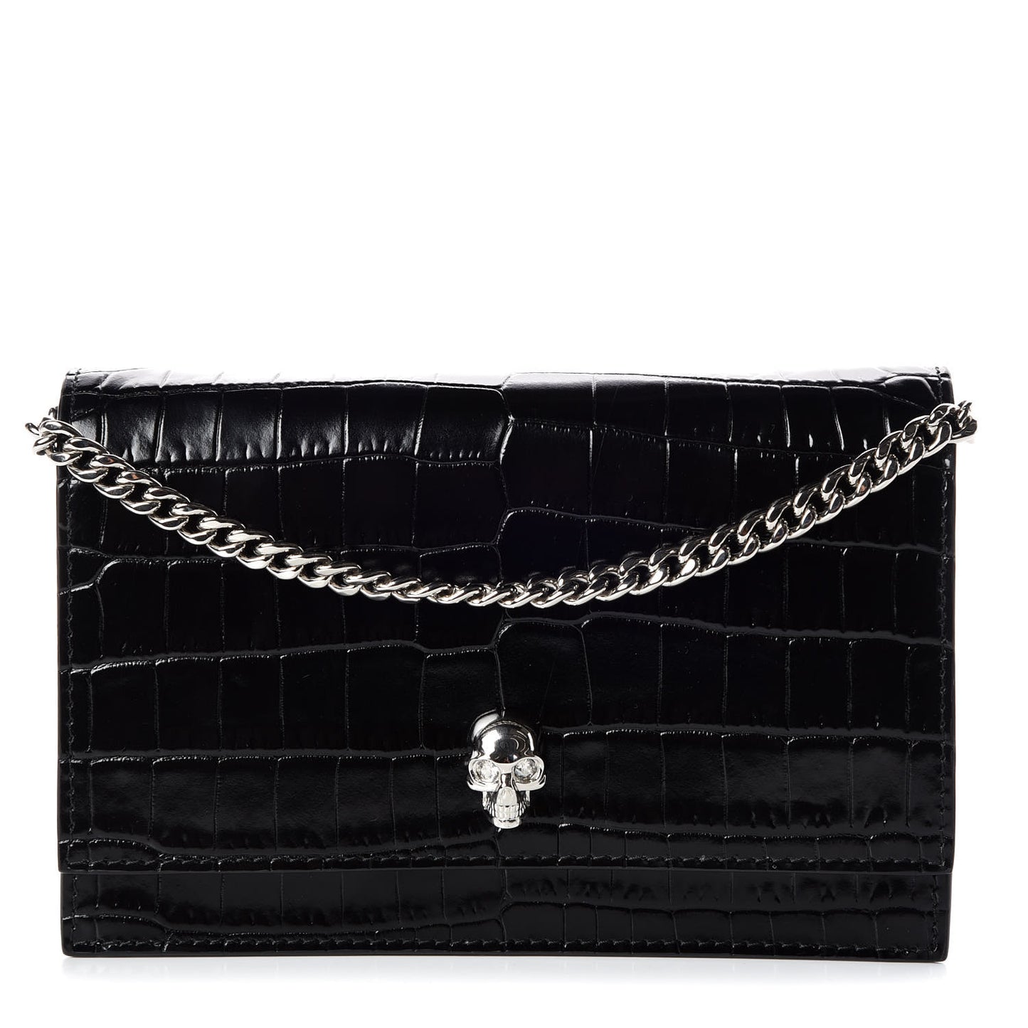 Calfskin Crocodile Embossed Skull Mini Crossbody Bag Black