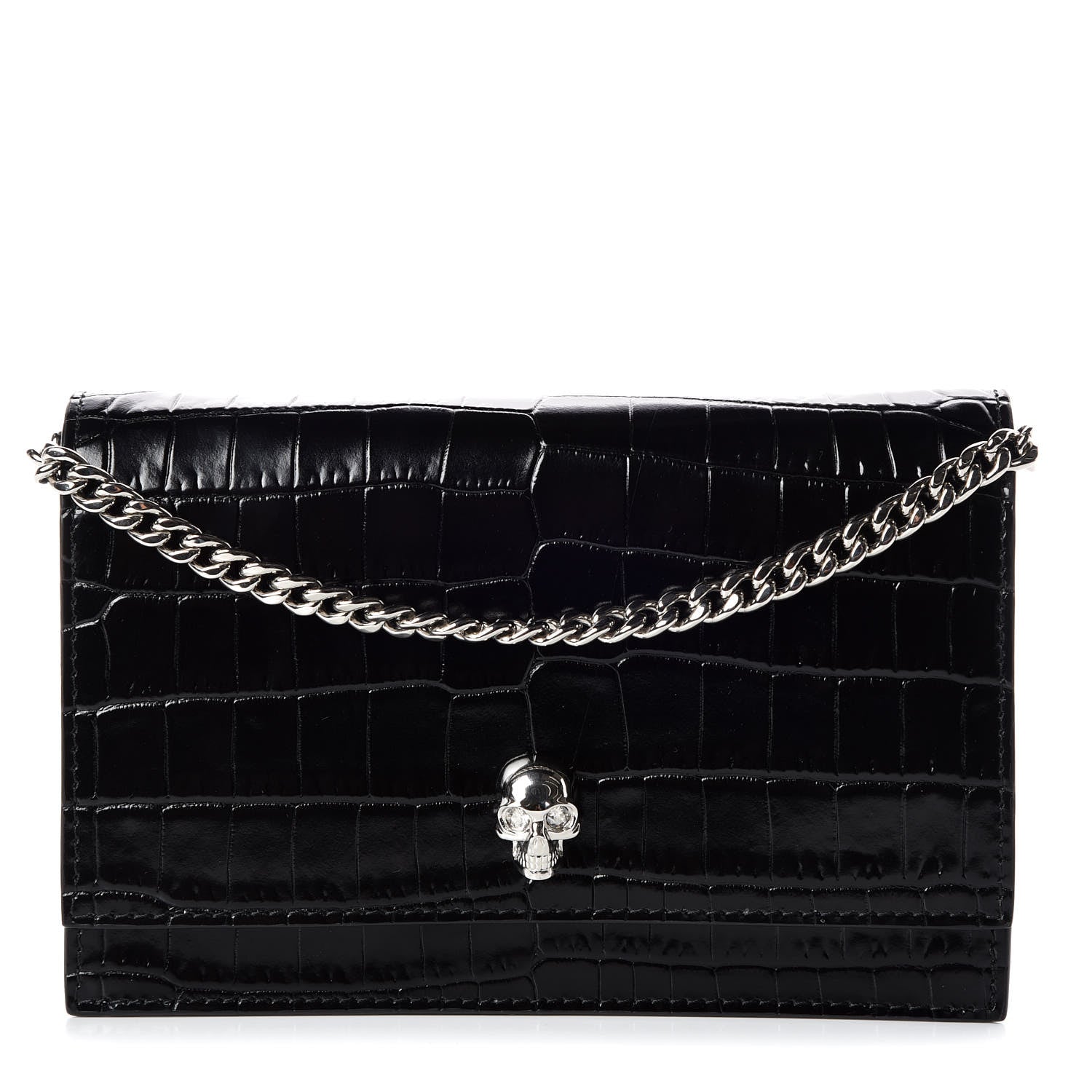 Alexander McQueen Calfskin Crocodile Embossed Skull Mini Crossbody Bag Black 1 of 8