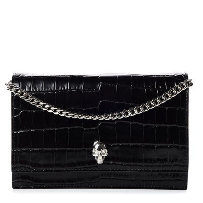 Alexander McQueen Calfskin Crocodile Embossed Skull Mini Crossbody Bag Black 1 of 8
