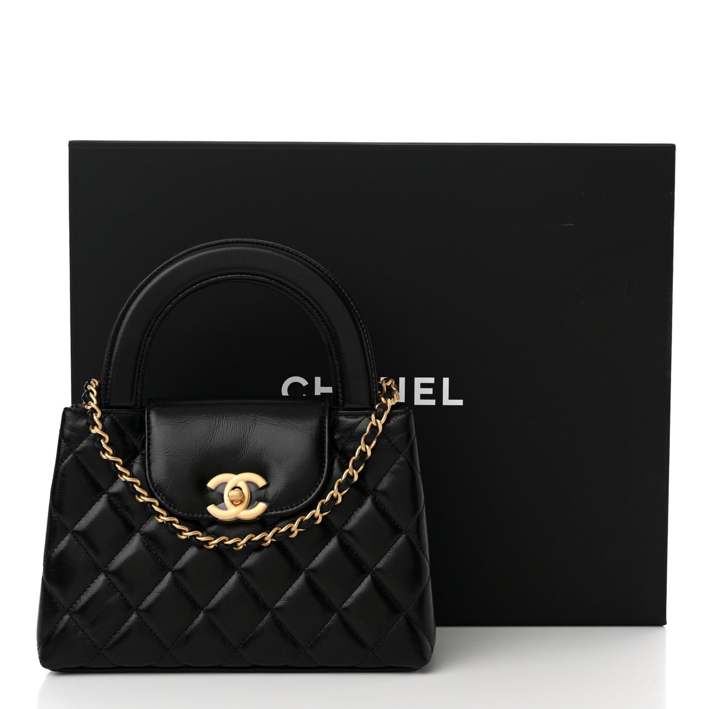 Shiny Aged Calfskin Quilted Nano Kelly Shopper Black