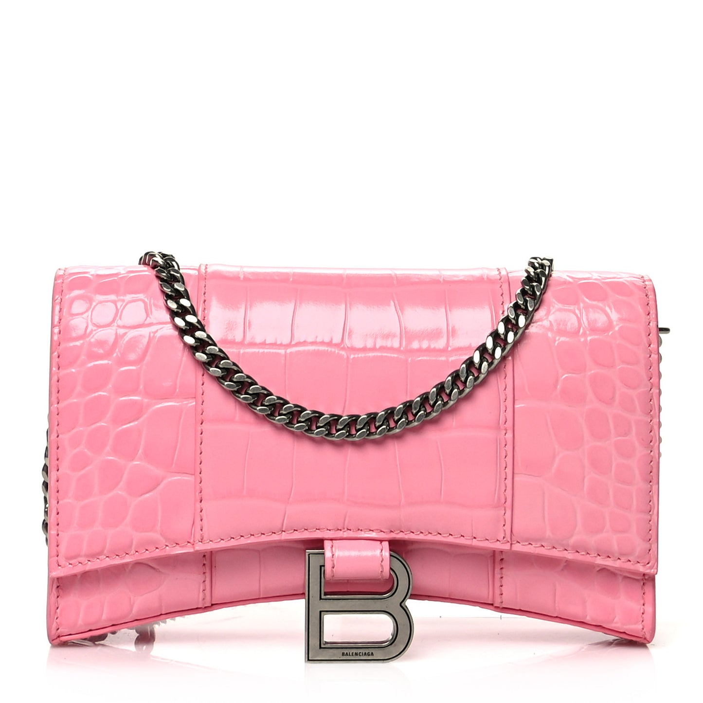 Shiny Calfskin Crocodile Embossed Hourglass Chain Bag Sweet Pink