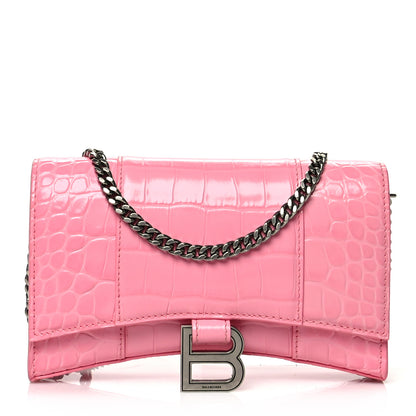Balenciaga Shiny Calfskin Crocodile Embossed Hourglass Chain Bag Sweet Pink 1 of 12