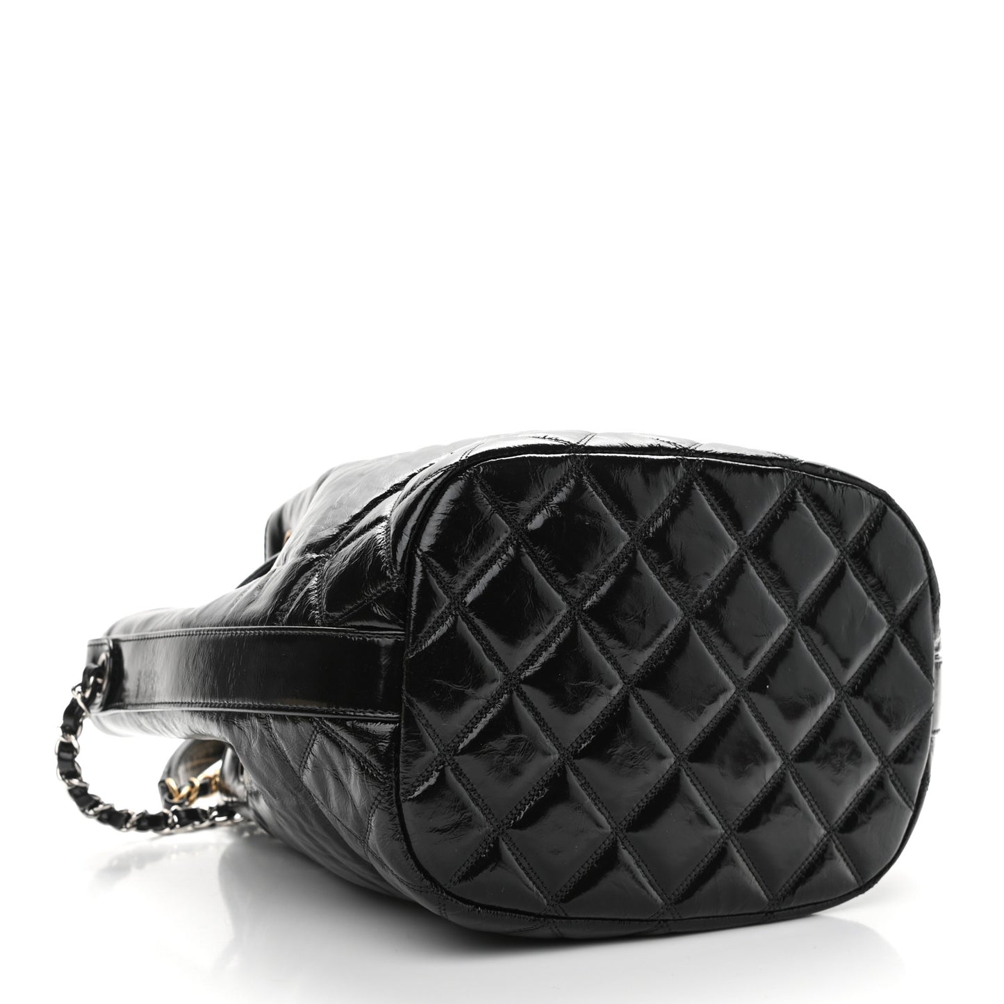 Shiny Aged Calfskin CC Chain Drawstring Bag Black