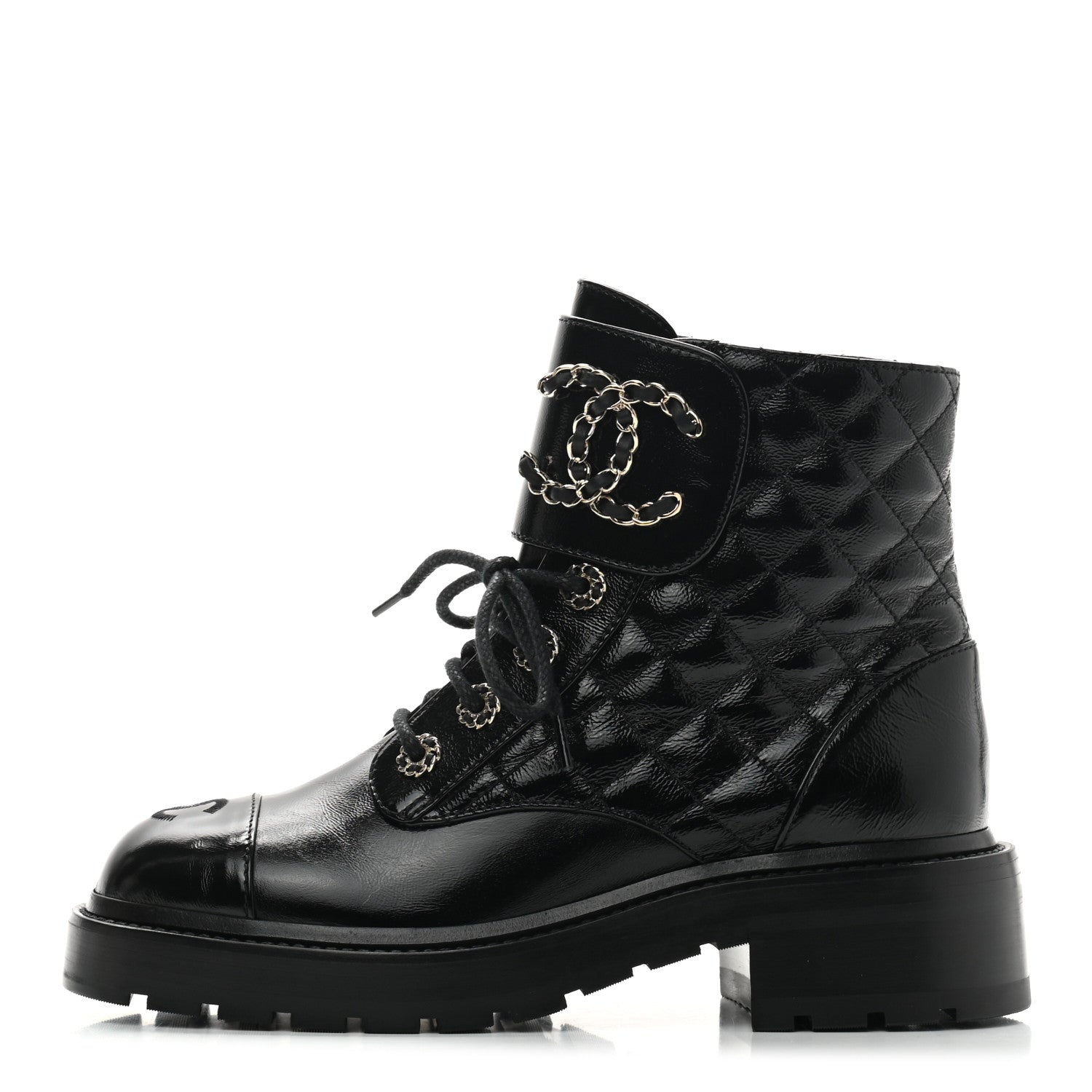 Chanel Shiny Calfskin Quilted Lace Up Combat Boots 36 Black 1 of 7
