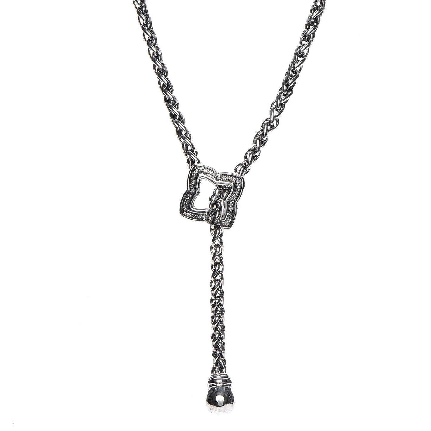 Sterling Silver Diamond Quatrefoil Lariat Wheat Chain Necklace