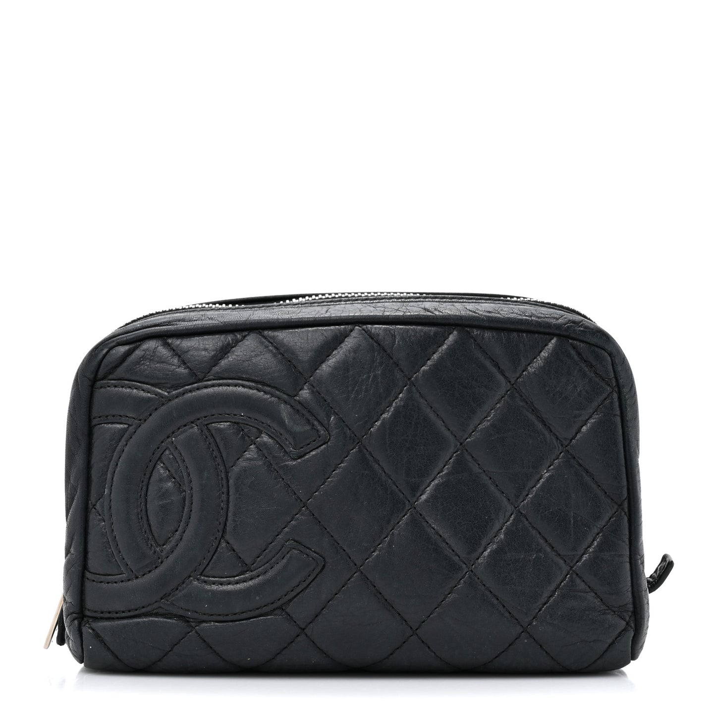 Aged Calfskin Quilted Cambon Cosmetic Case Argent Clair