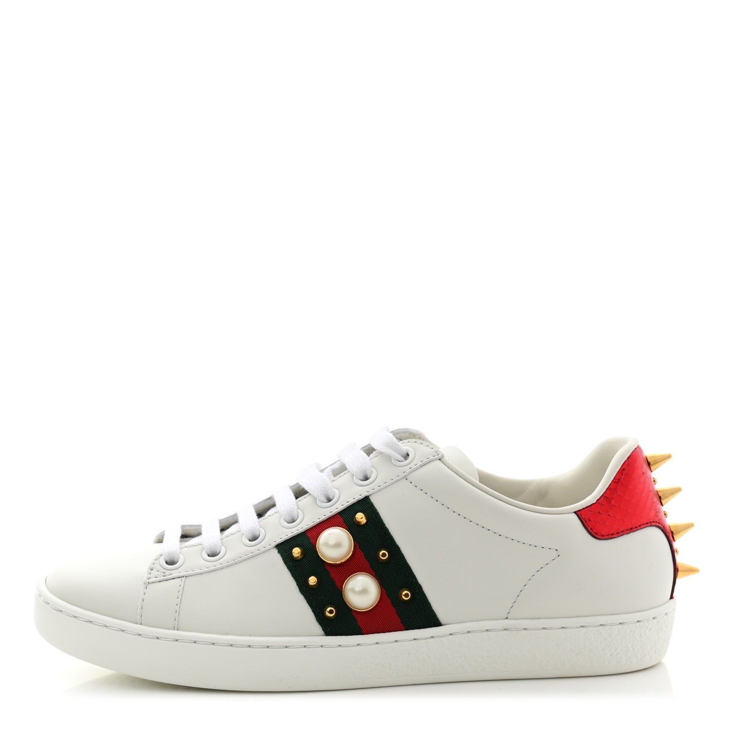 Gucci Calfskin Web Pearl Studded Womens Ace Sneakers 35.5 White 1 of 8